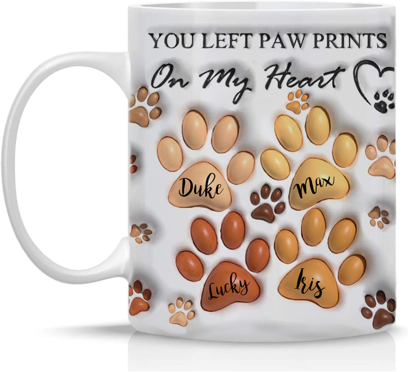 Personalized Dog Mug with Names, You Left Pawprint On My Heart, Custom Coffee Mugs for Dog Lovers Pet Lovers - Gifts for Dog Dad Dog Mom, Up to 10 Names 11 or 15 oz
