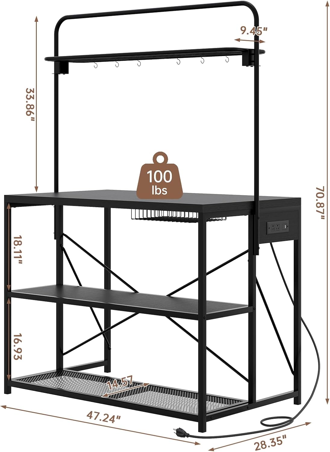 47” Kitchen Island with Storage, Large Bakers Rack with Power Outlet Microwave Oven Stand W/ 3-Tier Shelves & 8 Hooks for Pantry Organization, Metal Coffee Bar Table for Dining Living Room, Black