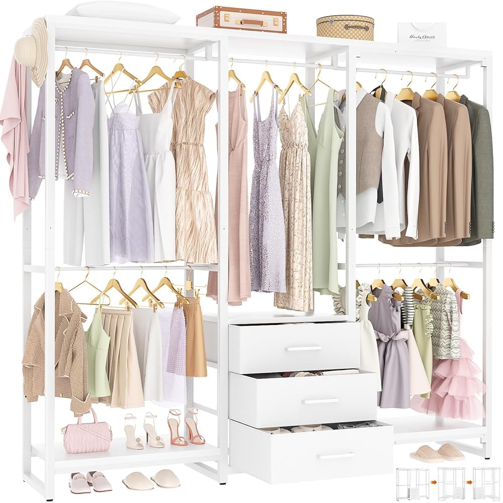 iSunirm Heavy-Duty Clothes Rails, Clothes Rack, Open Wardrobe,75 Inch Large Capacity Closet with Drawers and 5 Hanging Rods,Adjustable Closet Racks,Max Load 800LBS,White
