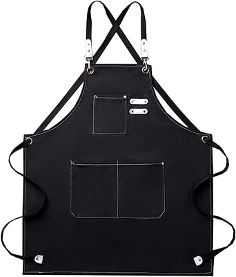 Canvas Aprons, Work Aprons for Men Women, Cross-Back Chef Aprons with Adjustable Strap and 3 Pockets, Black Aprons for Shop Garden Restaurant Bar Cafes Kitchen Cooking Baking Painting