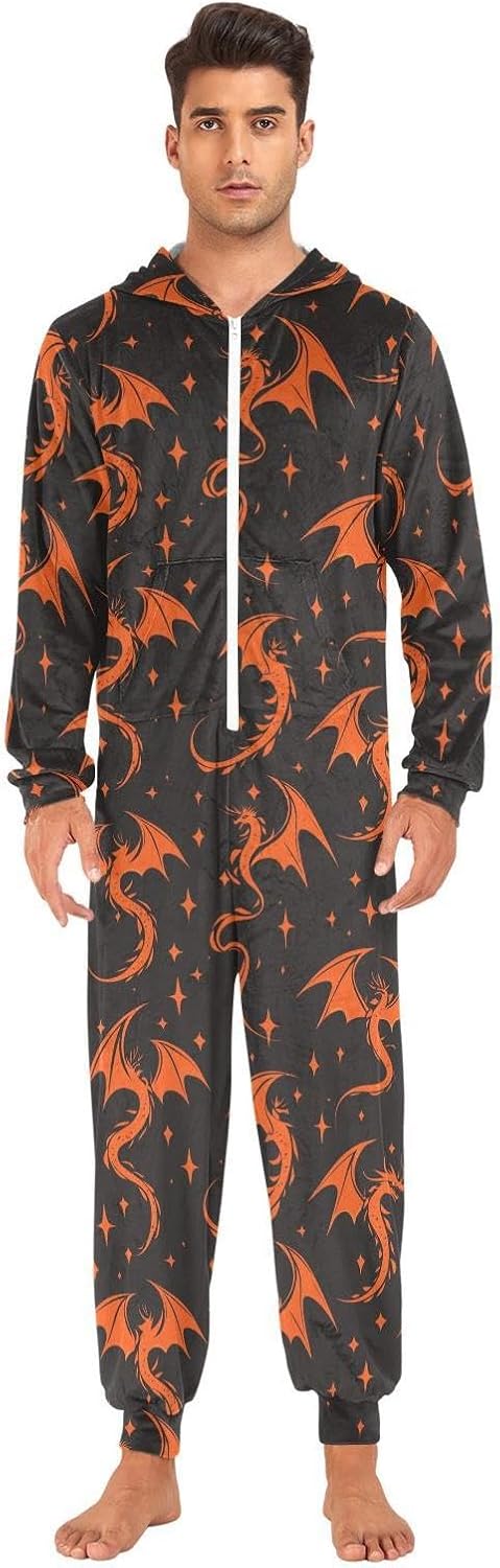 ZZKKO Silhouette Flying Fire Dragon Star Adult Onesie Pajamas for Women Men Cozy One Piece Pajamas Costume Zip-Up Hooded