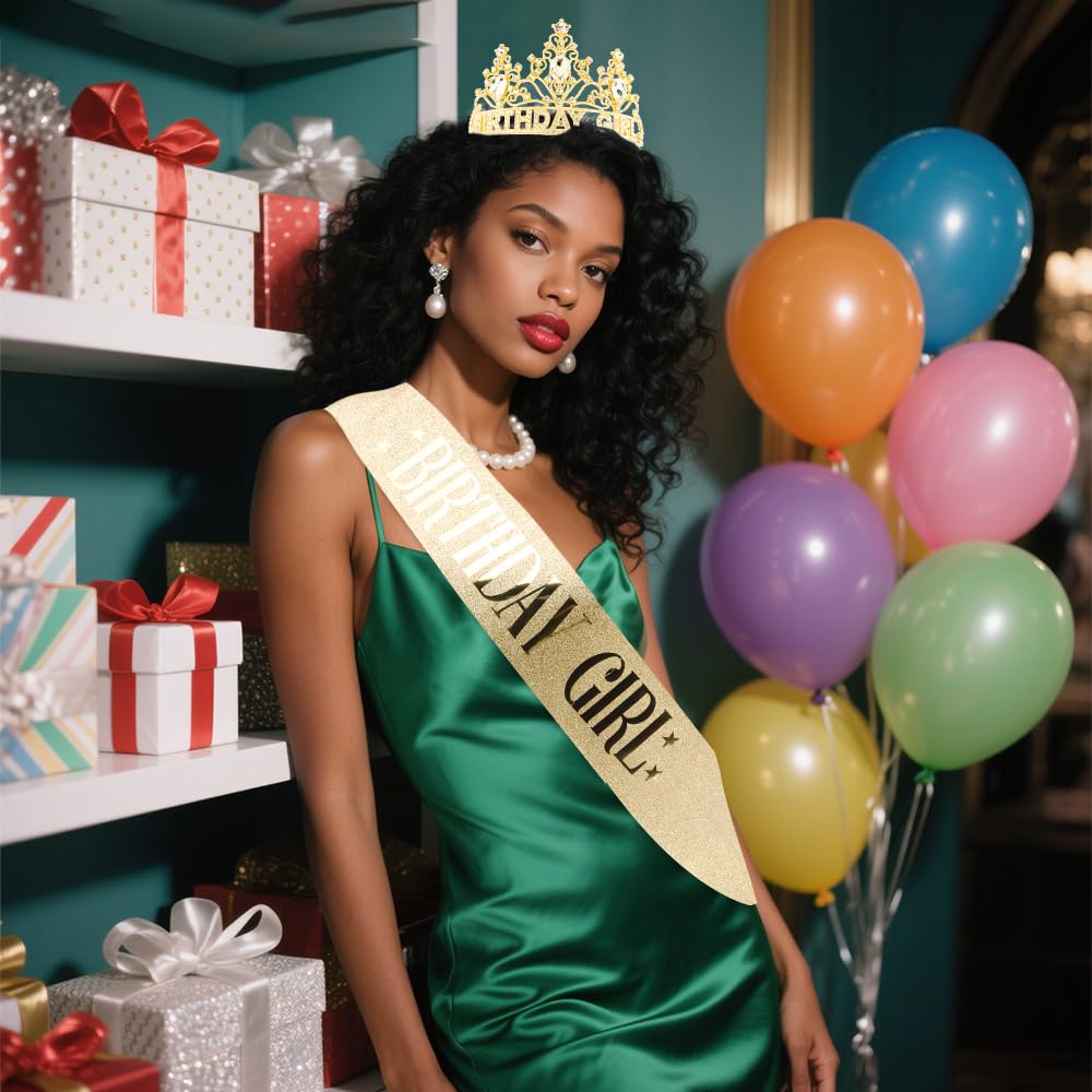 AHONEY Gold Birthday Girl Crown and Glitter Sash for Women and Girls Tiara Birthday Accessories for Parties Favors and Decorations, 2 Pack - Image 7