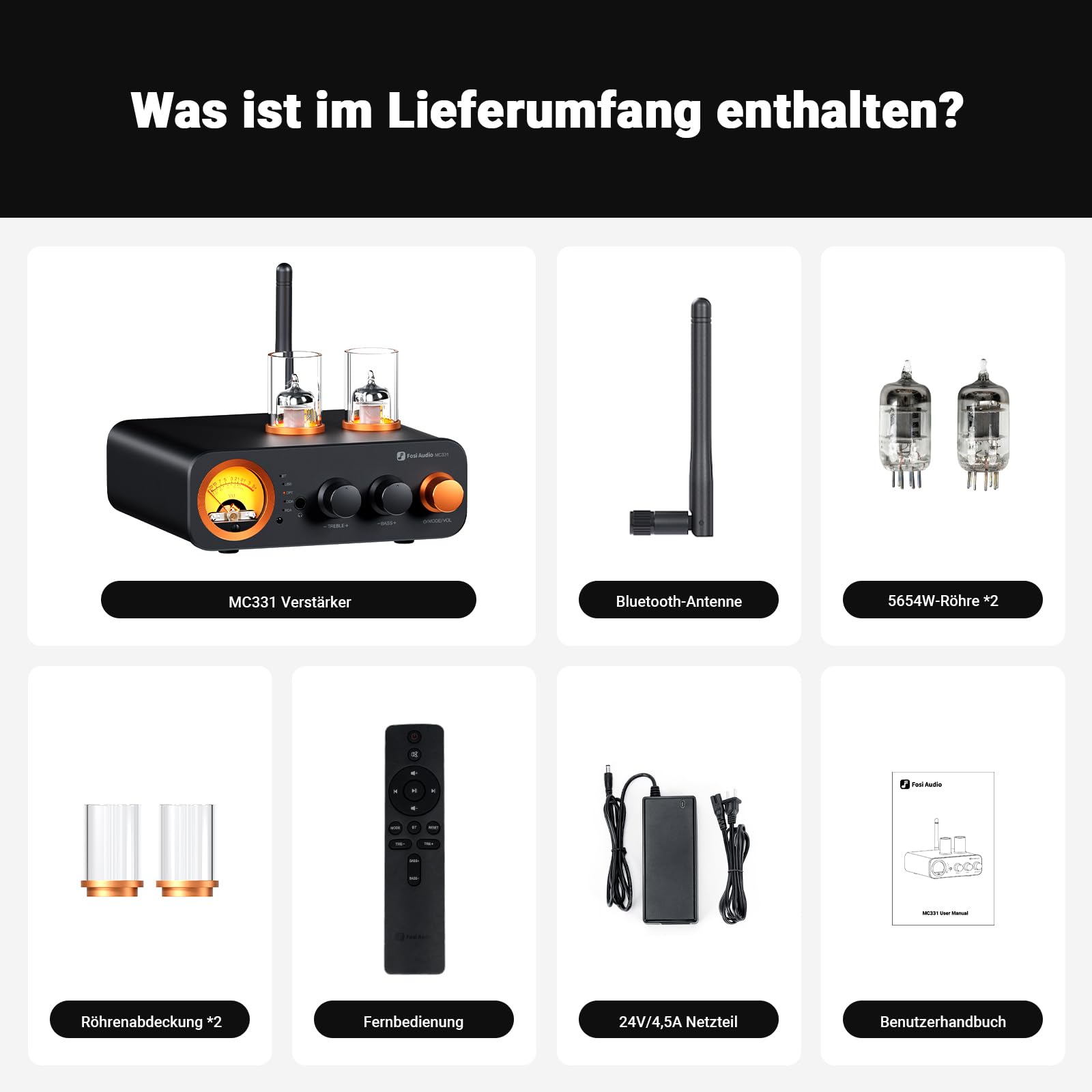 Fosi Audio MC331 Röhrenvollverstärker mit DAC, 2 Kanal Heim Stereo Audio Verstärker für HiFi Regallautsprecher/3,5mm Kopfhörer, Retro VU-Messer Vorverstärker mit Bluetooth und USB/Opt/Coax/RCA