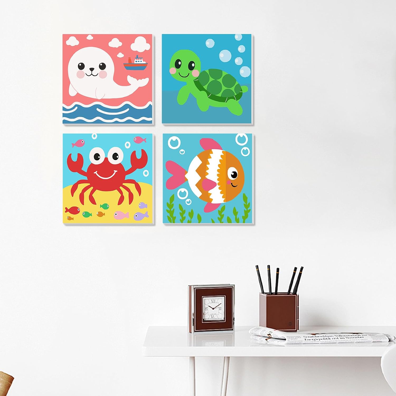 MVVMTOP 4 Pack Paint by Numbers Kit for Adults Beginner with Wooden Frame, Easy DIY Marine Animals Acrylic on Canvas Paint Painting Kits, for Home Wall Decoration Arts Crafts 7.8x7.8inch