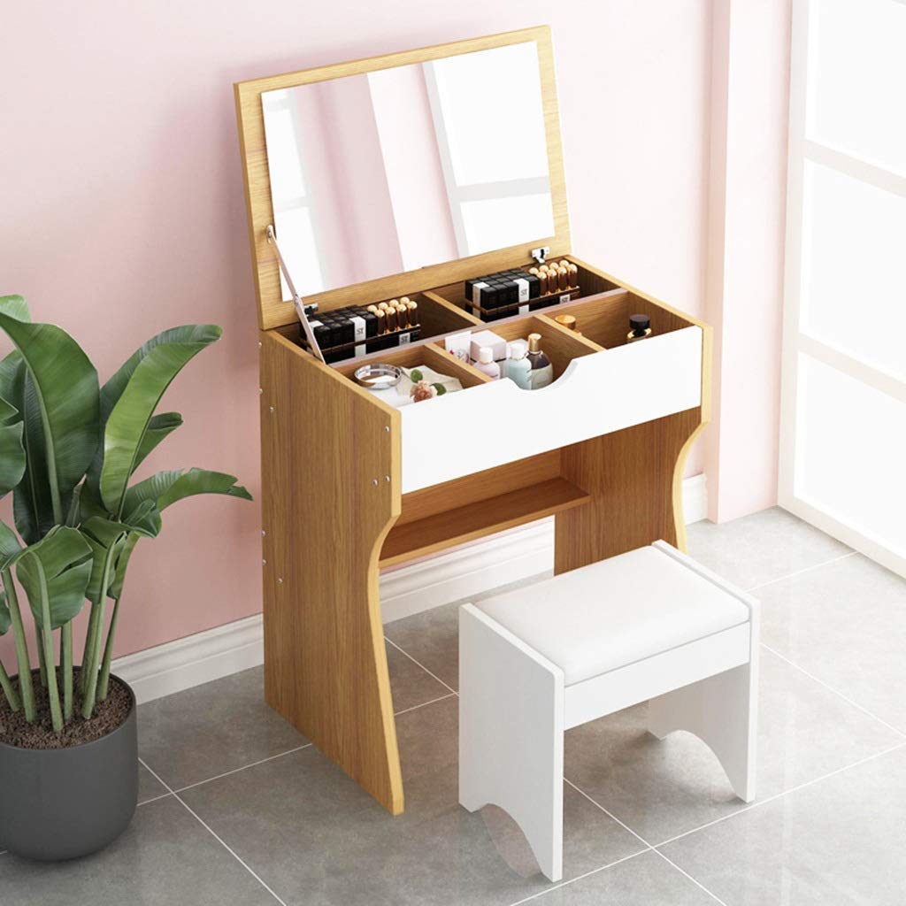 Tocador con espejo y taburete de compartimiento grande, mueble dormitorio multifunción