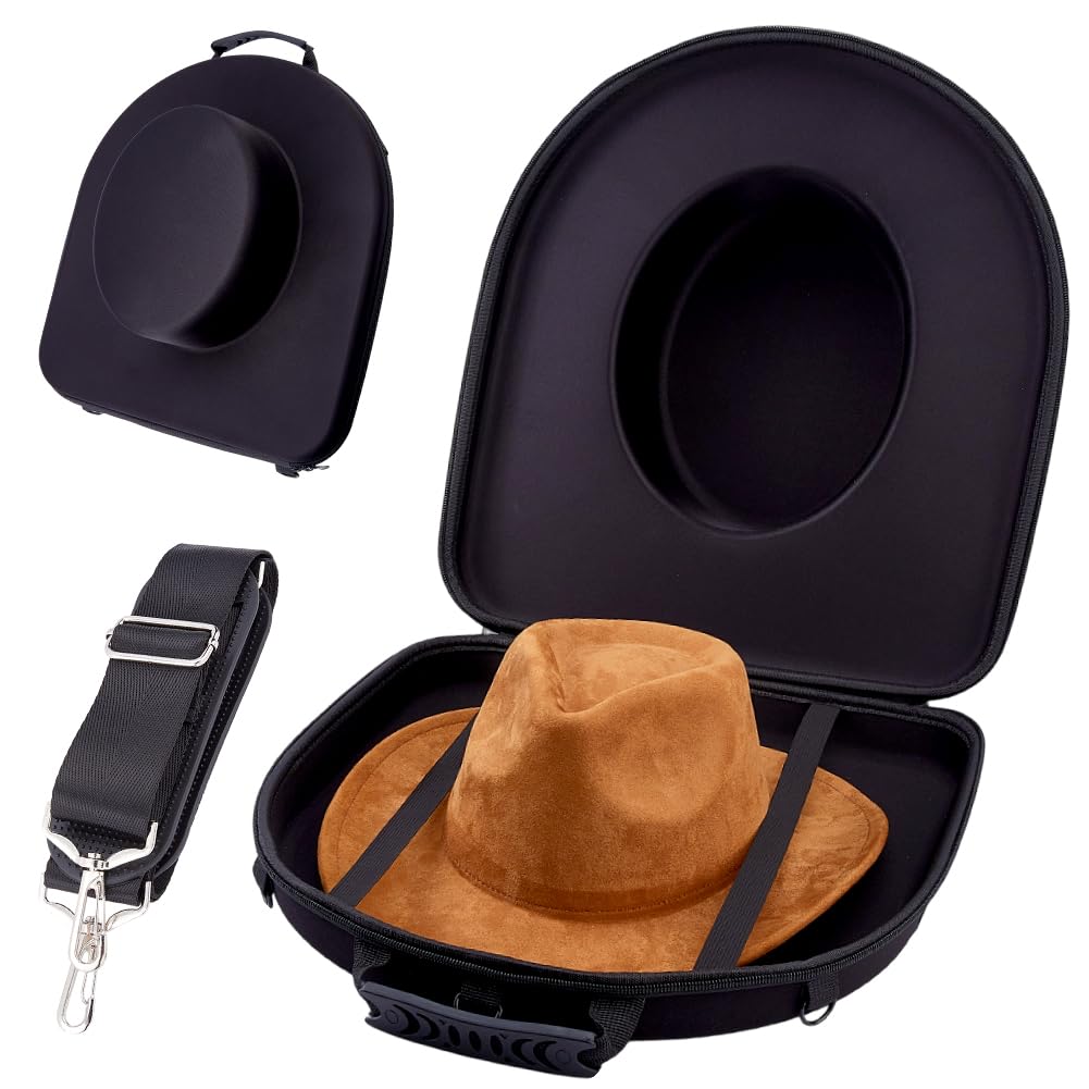 DICOSMETIC 43x39.5x13.7cm Große Cowboyhut Box EVA Cowboyhut Reisetasche Wasserdichte Harte Hütter Tragetasche Mit Verstellbarem Schultergurt Für Fedora Panama Tweed Cap Hut, Schwarz