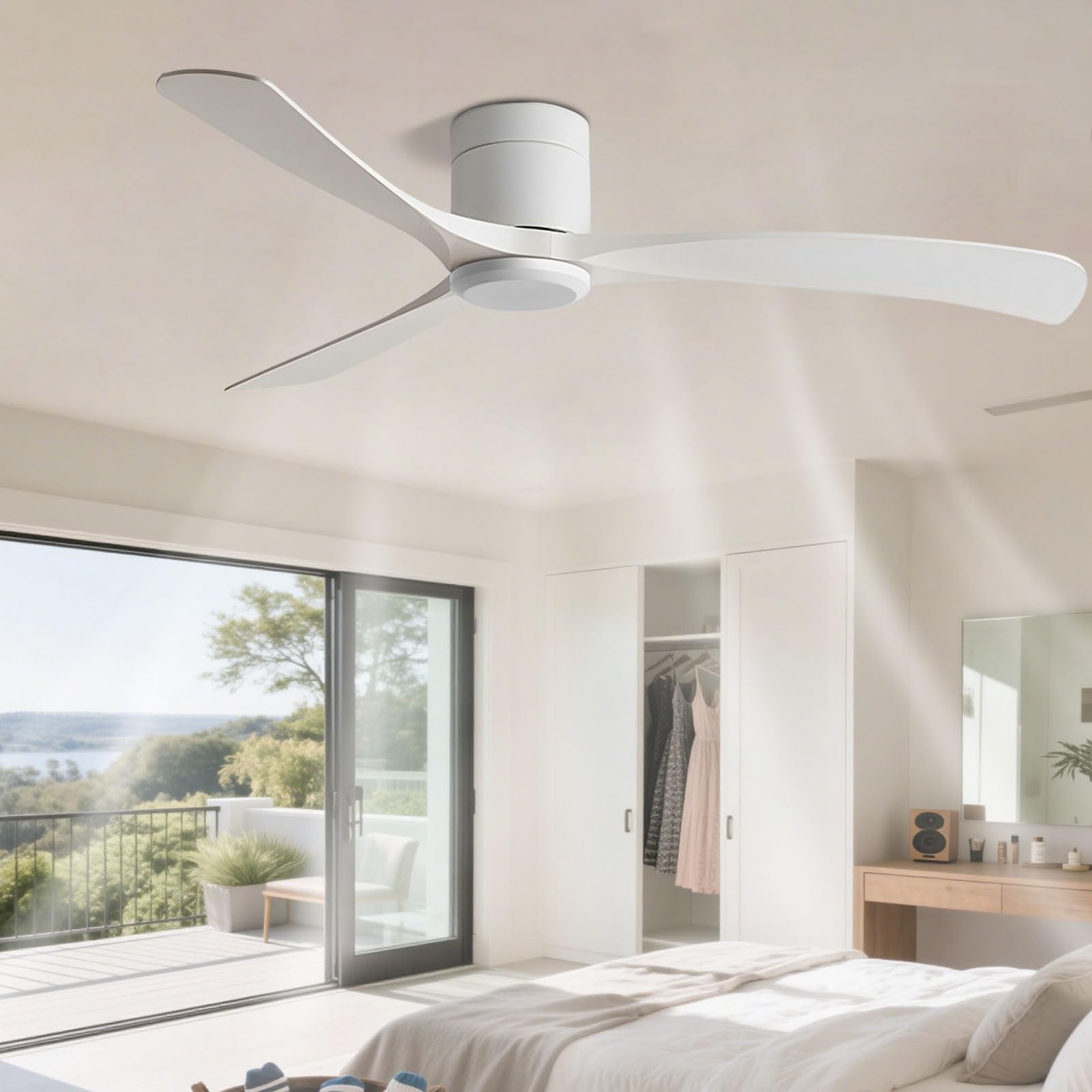 SXDMOUBK Flush Mount Ceiling Fan No Light Modern Quiet 52in Fans with Remote Control, Low Profile White Without 3 Blades for Bedroom Living Room Restaurant Patio Indoor