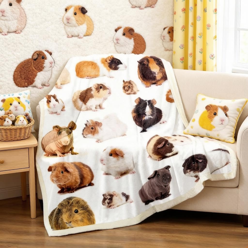 Loussiesd Multicolored 35 Cute Guinea Pig Sherpa Throw Blanket 3D Cavy Pattern Fleece Blanket Lovely Pet Printed Warm Plush Blanket For Sofa Couch Microfiber Animal Theme Fuzzy Blanket Room Decor Double 60"X79"