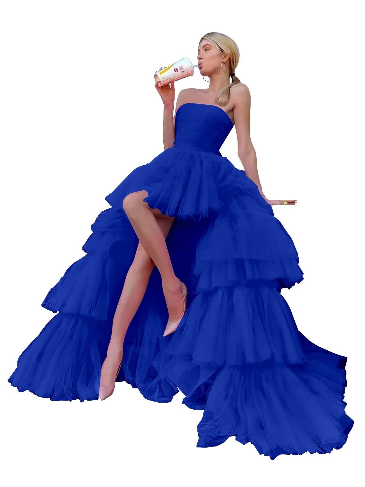 High Low Tulle Prom Dress Strapless Prom Dresses for Women Tiered Long Ball Gown Puffy Party Dress Formal Evening Dress