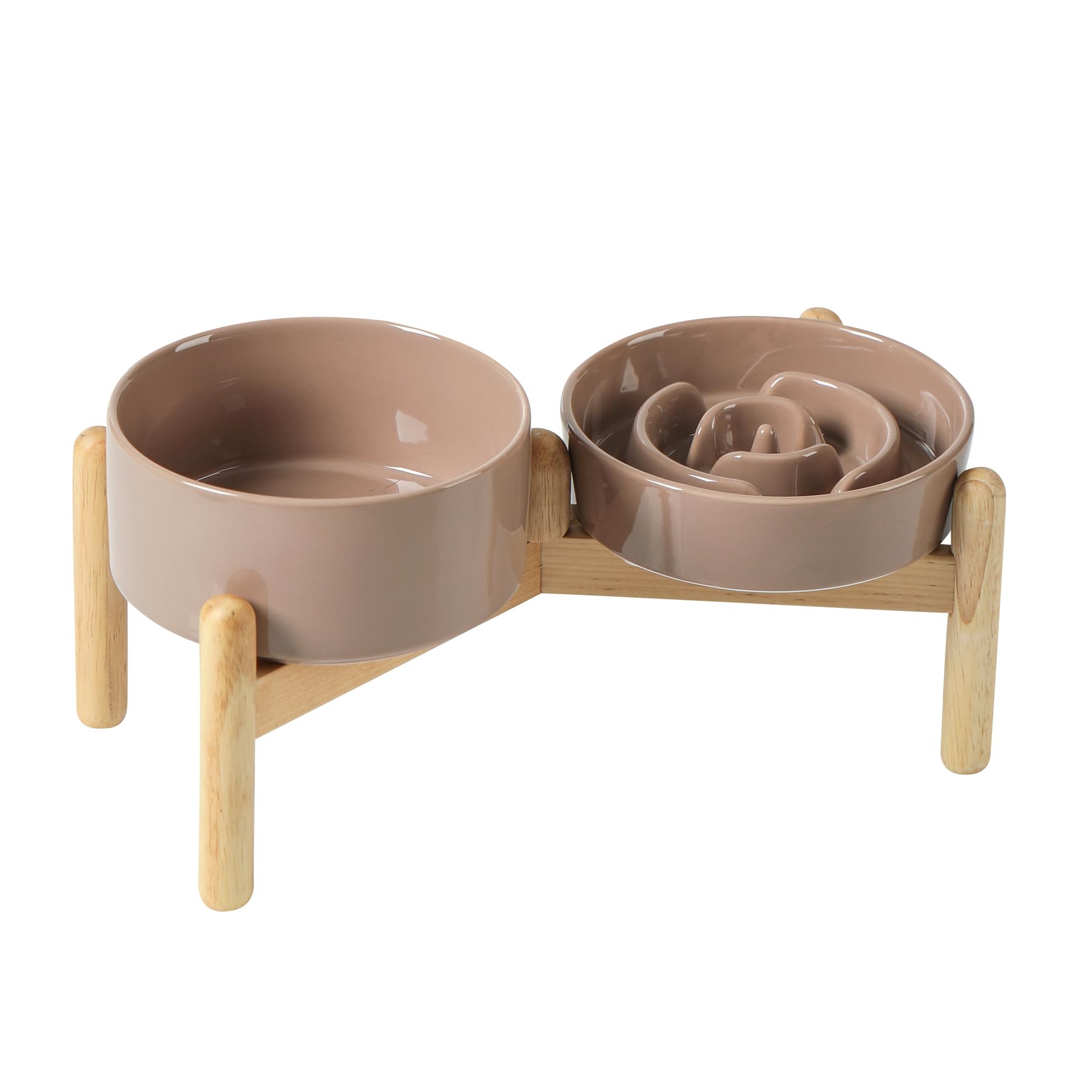 Havniva Ceramic 0.9 Cup Raised Slow Feeder Dog Bowl Set, Elevated 6.1inch Water Bowl and 6.1inch Slow Dish with Wooden Stand for Small Dogs(2 x Brown Coffee+ Stand)