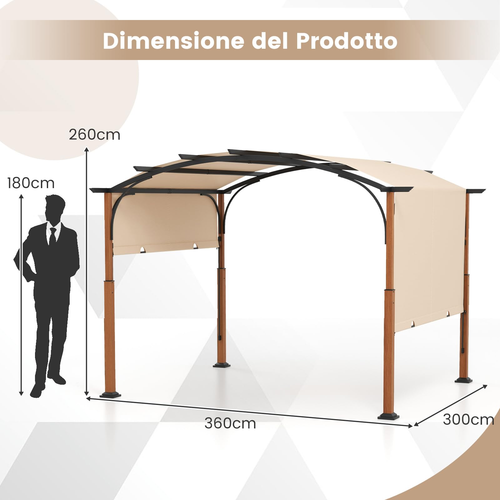 COSTWAY Gazebo Pergola da Giardino 3 x 3,6 m, Pergola da Esterno con Telaio Curvo e Tettuccio Retrattile, con Struttura in Metallo, per Giardino, Patio e Portico (Beige)