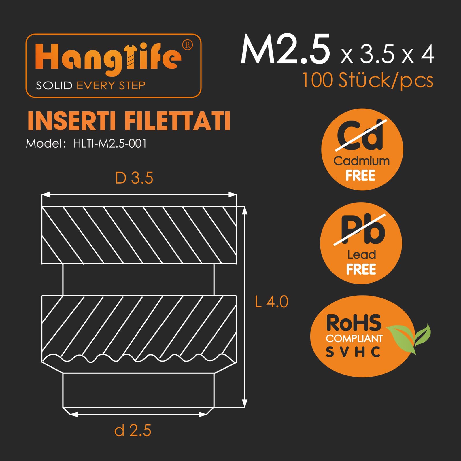 HANGLIFE Inserti Filettati a Caldo, M2.5 Inserto Filettato per Componenti di Stampa 3D e Parti in Plastica - Dadi Scanalati Metrici in Ottone (100 Pezzi)