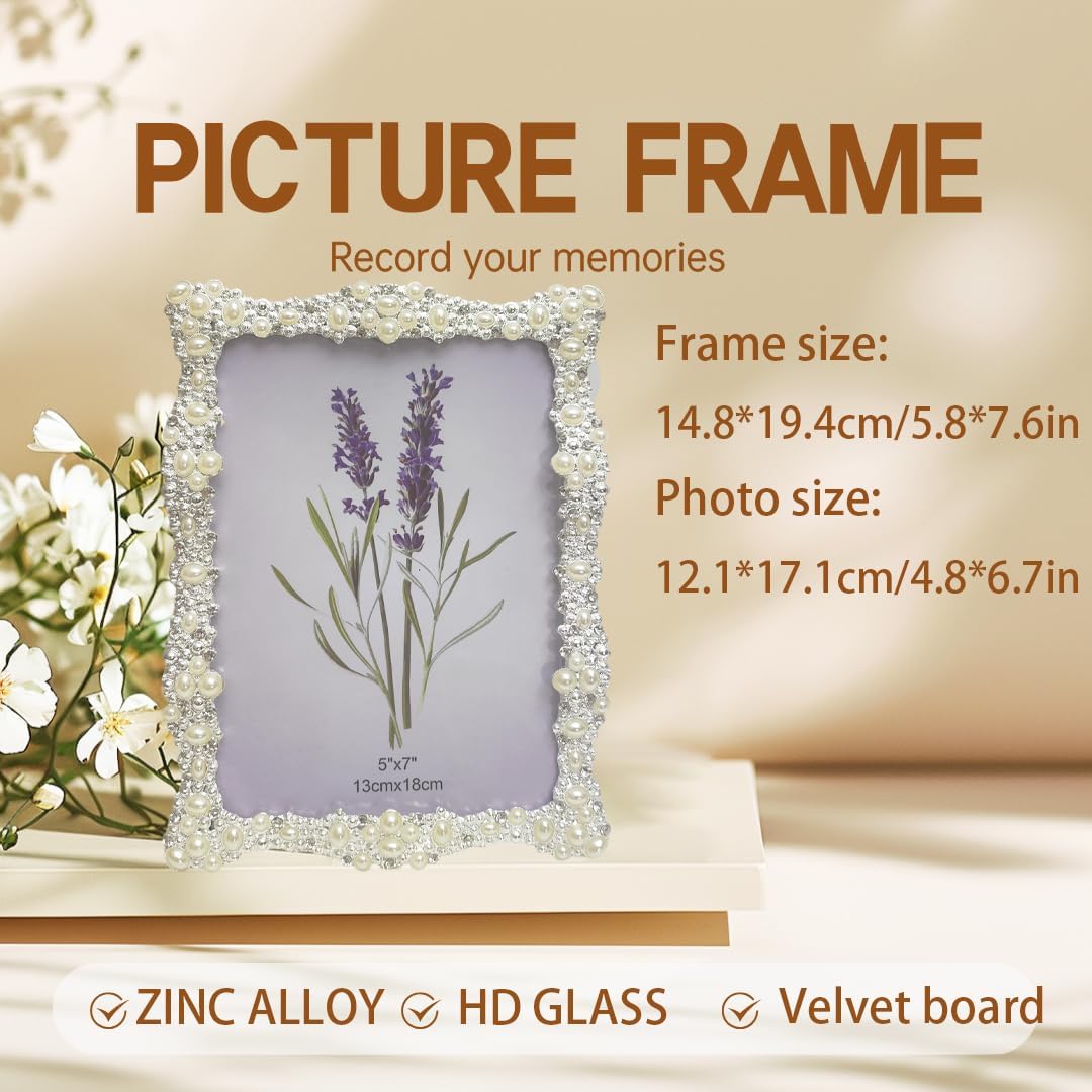 Elegant Pearl and Crystal Metal Picture Frame, White, 4 * 6in,5x7 Inch, Decorative Border, Wedding Style Photo Display, Silver Plated for Tabletop Display,2 Pack(PICTURE RANDOM) (2, 5 * 7)