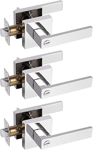 Gobrico Cerraduras de dormitorio y baño en cromo pulido, paquete de 3 cerraduras cuadradas para puertas interiores sin llave, palancas de privacidad