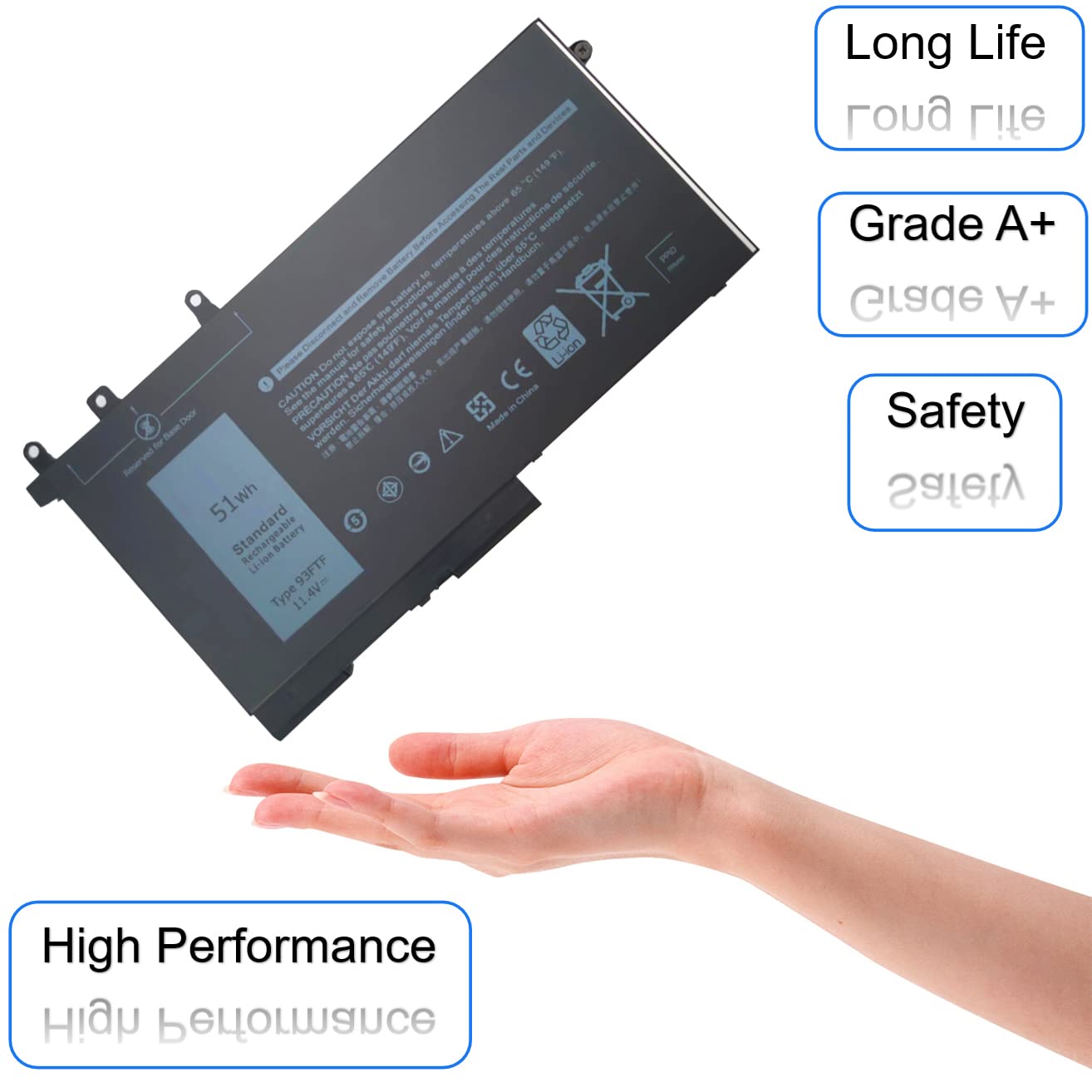 Shentec Replacement Laptop Battery 93FTF For Dell Latitude & Precision – 51Wh, 11.4V, Up To 500 Charge Cycles