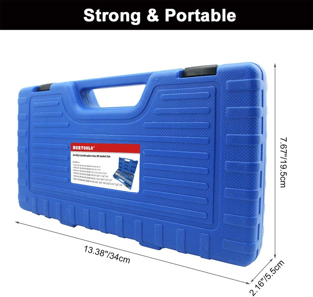 NORTOOLS Master Hex Bit Socket Set S2 Steel Allen Sockets Bit SAE and Metric Torx Bit CRV Socket Tool Allen Wrench Bit Kit 1/2" 3/8" 1/4" Drive Automotive Bike Motorcycle and ATV 34 Pieces