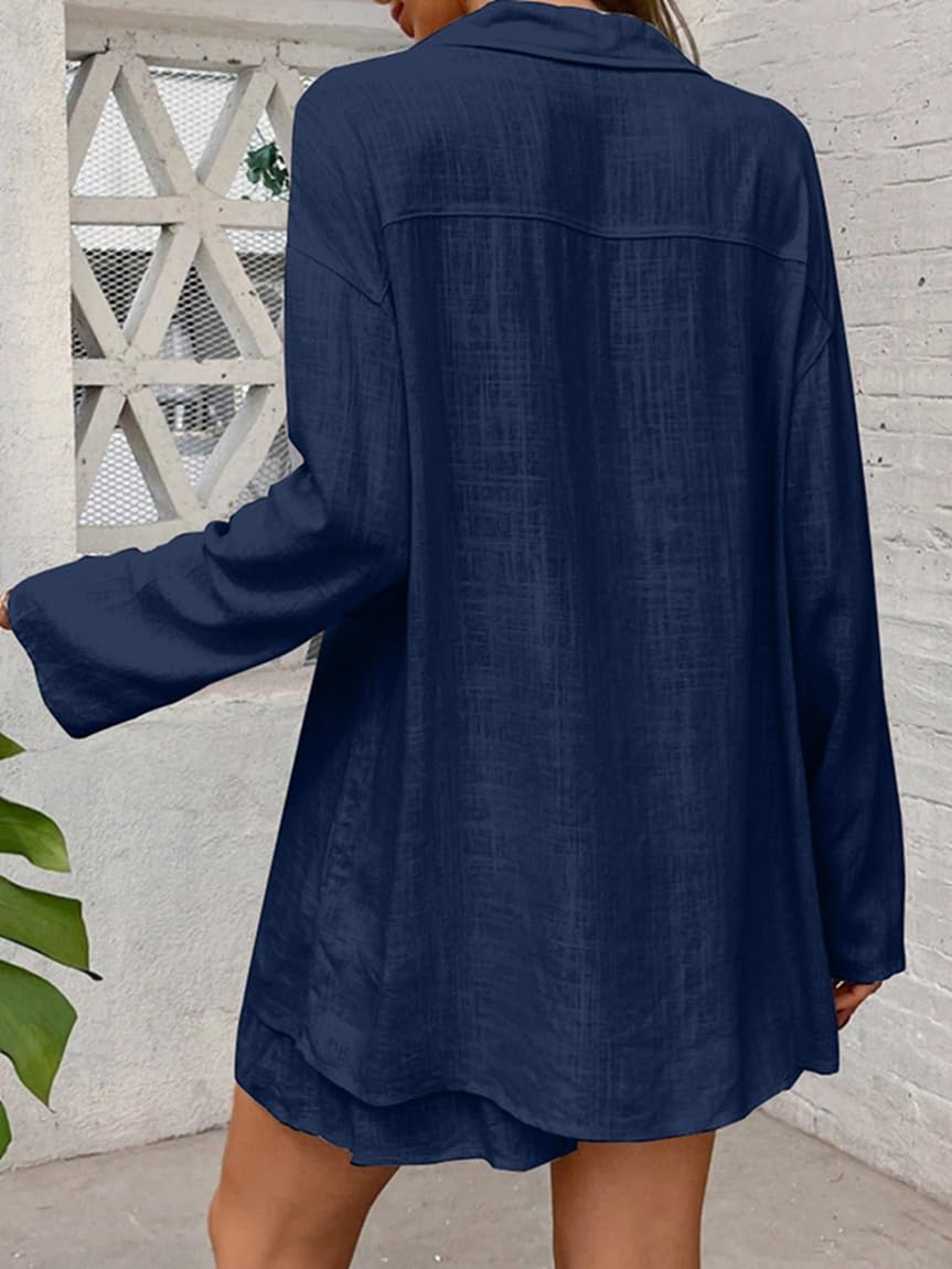 Générique Ensemble Femme Été 2 Pièces Chemise Manches Longues et Short en Coton Lin Tenue Chic Décontractée Loungewear Vacances Plage