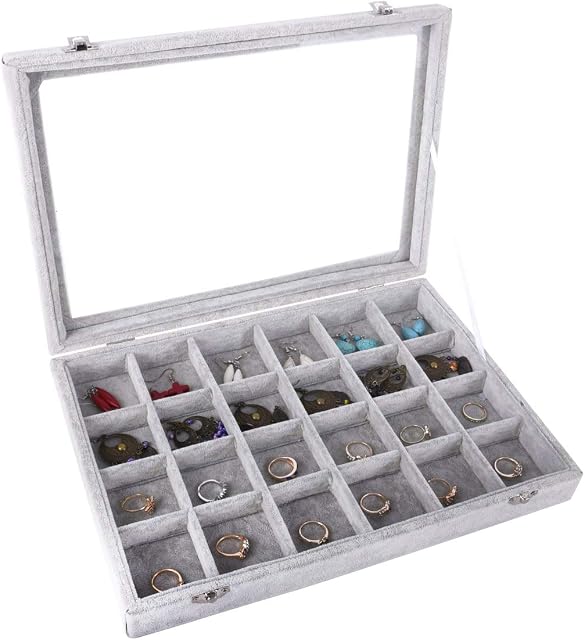 AUTOARK Ice Velvet Clear Lid 24 Grid Jewelry Tray Showcase Display Organizer,AJU-022