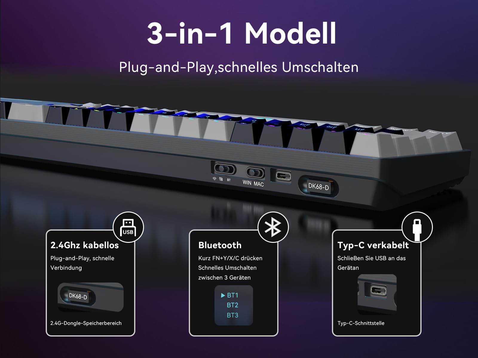 Dierya DK68 Kabellose Gaming Tastatur Deutsches Layout-QWERTZ,Bluetooth/2.4GHz/USB-C 68 Tasten RGB Beleuchtung Mechanische Tastatur,Linear Roter Switch,Grauschwarz