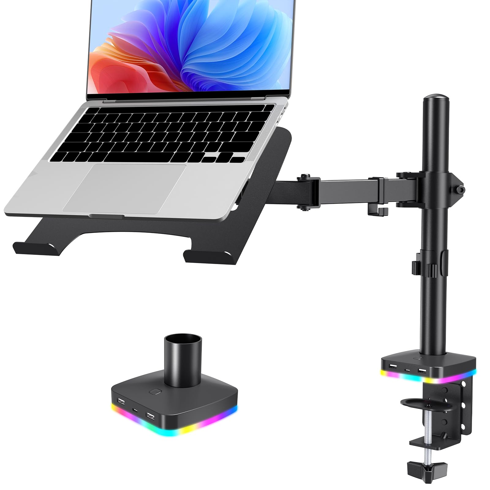 Afaloona RGB Laptop and Monitor Mount with USB Hub, Adjustable Desk Mount for 13-32 Inch Monitor or 11-17 Inch Laptop, Removable Tray, USB & C Ports, VESA 75x75/100x100mm, C-Clamp-picture-14