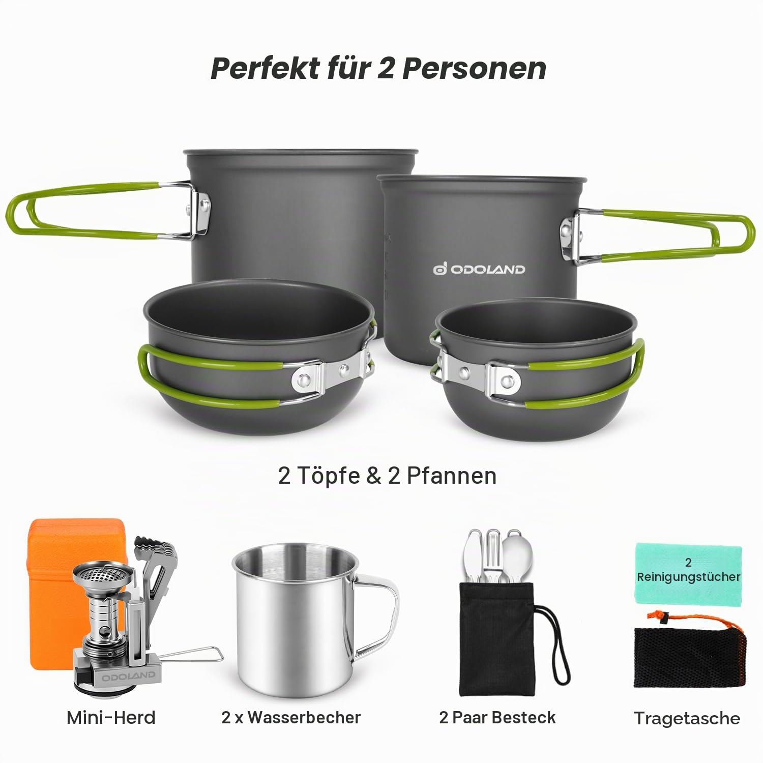 Odoland Camping Geschirr Set 16 PCS für 2 Personen Outdoor Kochgeschirr aus Aluminium und Edelstahl Camping Töpfe Becher Faltbare Besteck Mini Campingkocher für Outdoor Geschirr Picknick Wandern