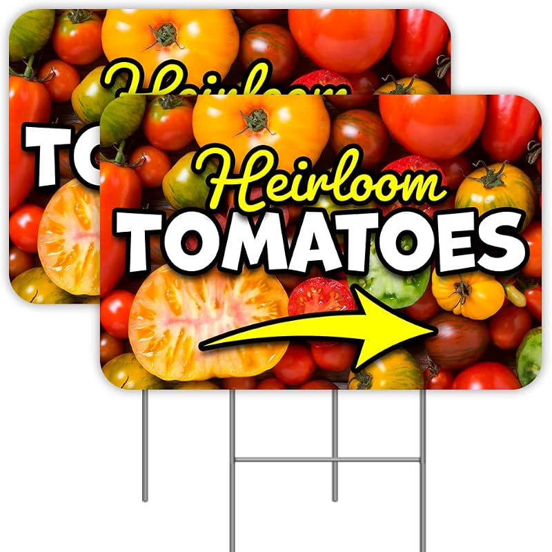 Heirloom Tomatoes (Arrow) 2 Pack Double-Sided Yard Signs 16" x 24" with Metal Stakes (Made in the USA)
