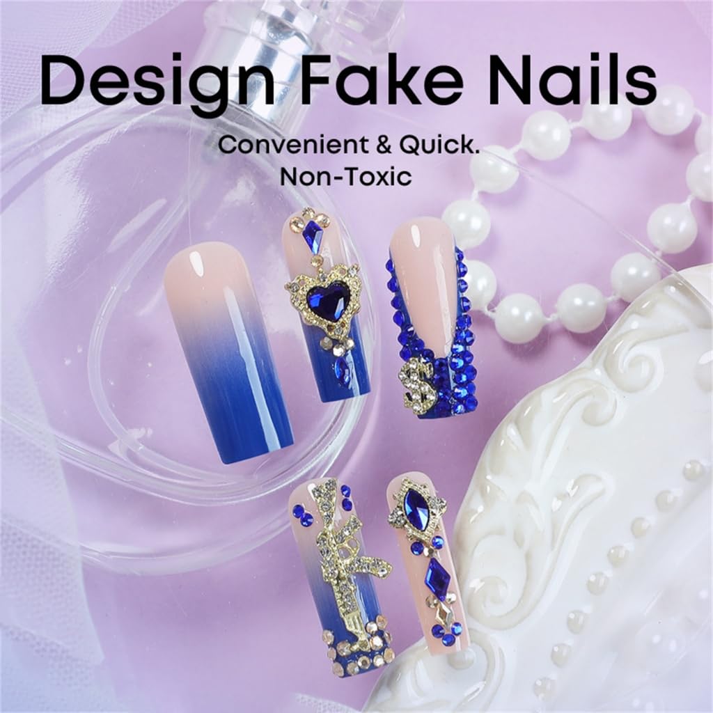 24 Pcs False Nails with Rhinestones Artificial Nails French Tip Stick On Nails Long Coffin for Woman