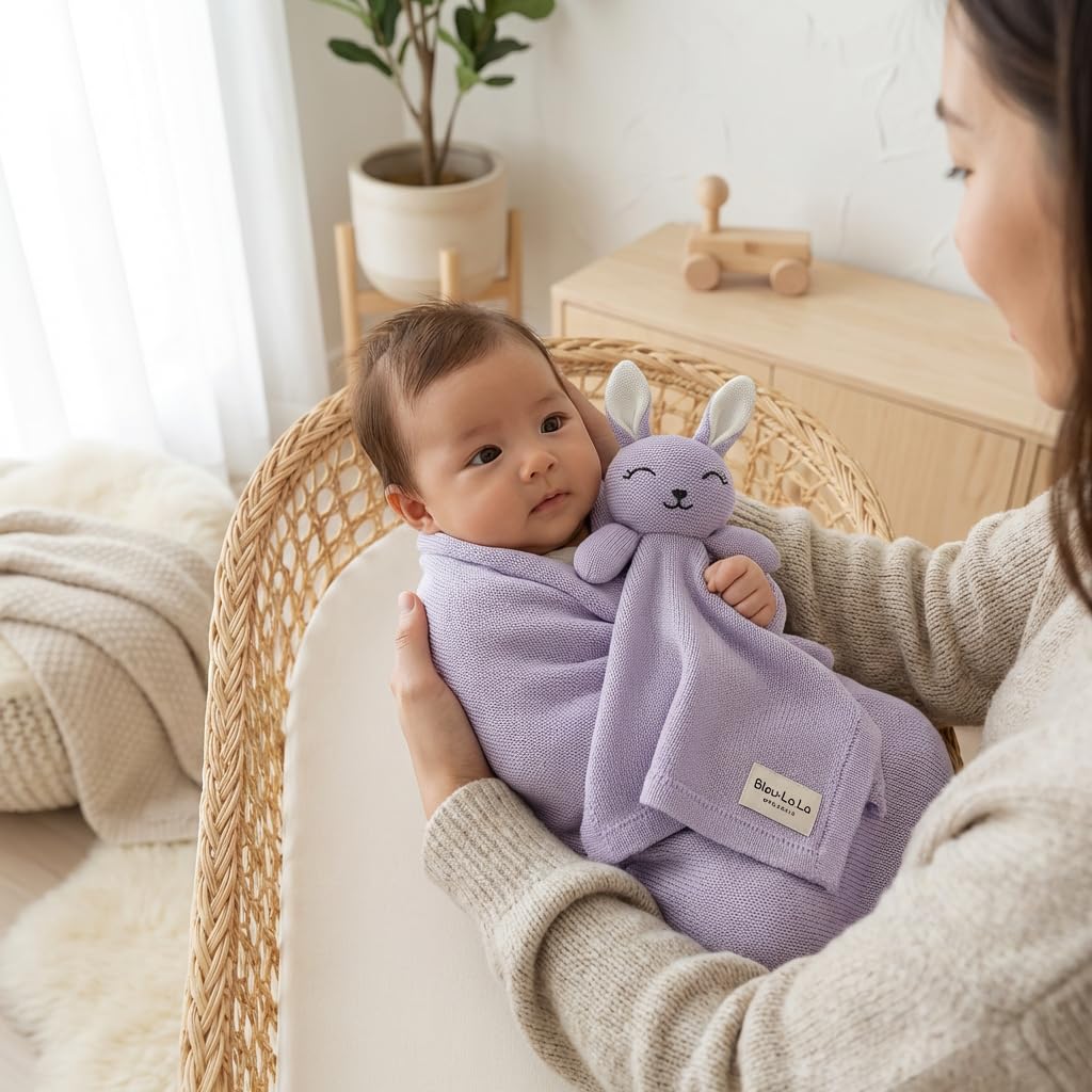 Baby Gift Set – Organic Cotton Newborn Blanket and Lovey Security Blanket Set, Baby Gift, Baby Registry Search Gift Registry by Name, Basket (Lovey – Bunny – Lavender)