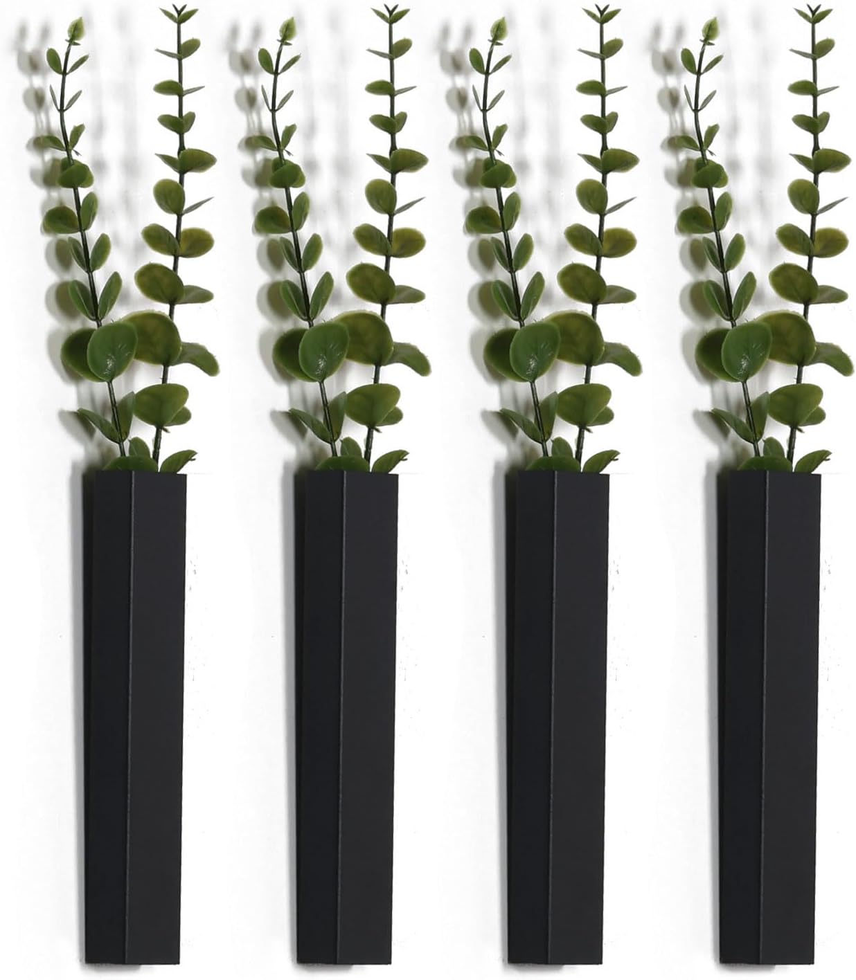 Pretty Jolly Wall Decor Eucalyptus Metal Planter Modern Boho Home Vase,Artificial Flowers Indoor Wall Sculpture for Living Room, Bedroom Greenery Set of 4 Black