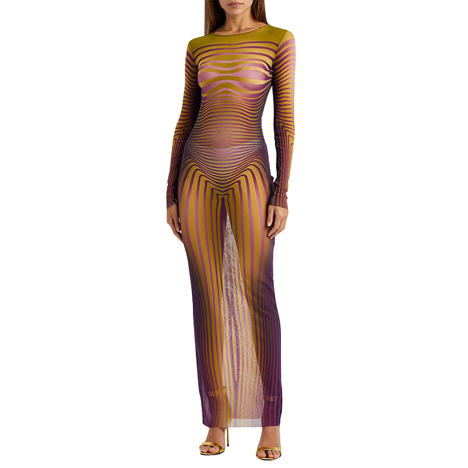 Kasopp Women’s Sheer Mesh Sexy Bodycon Long Sleeve Ruched Maxi Dress Printed Slim Fit Party Club Dresses