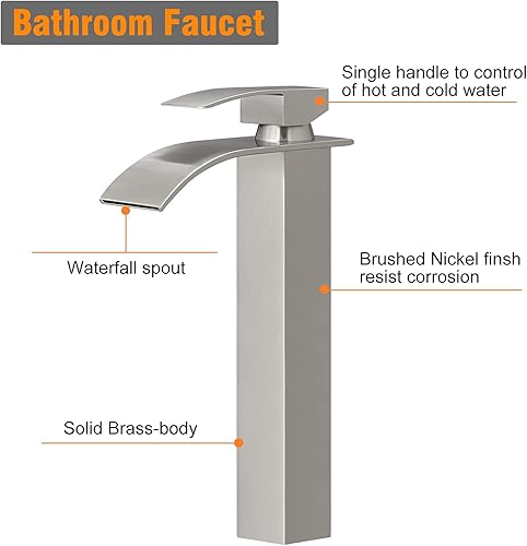 Miniatura 2 de Hoimpro Grifo de baño de níquel cepillado con boquilla de cascada, grifo de lavabo de baño alto de una sola manija, grifo mezclador de lavabo con