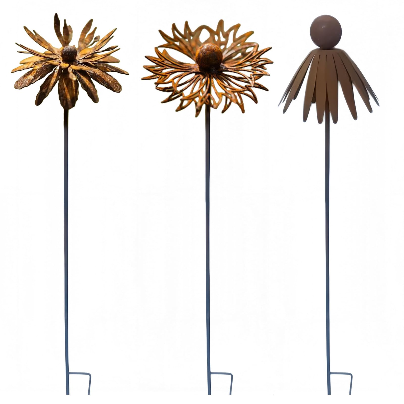 CRGANGZY 3PCS Rustic Metal Coneflower Garden Stakes, 12 Inch Metal Flower Garden Stakes, Vintage Rusty Cornflower Statues Stake for Lawns Yard Patio Home Farmhouse Decoration