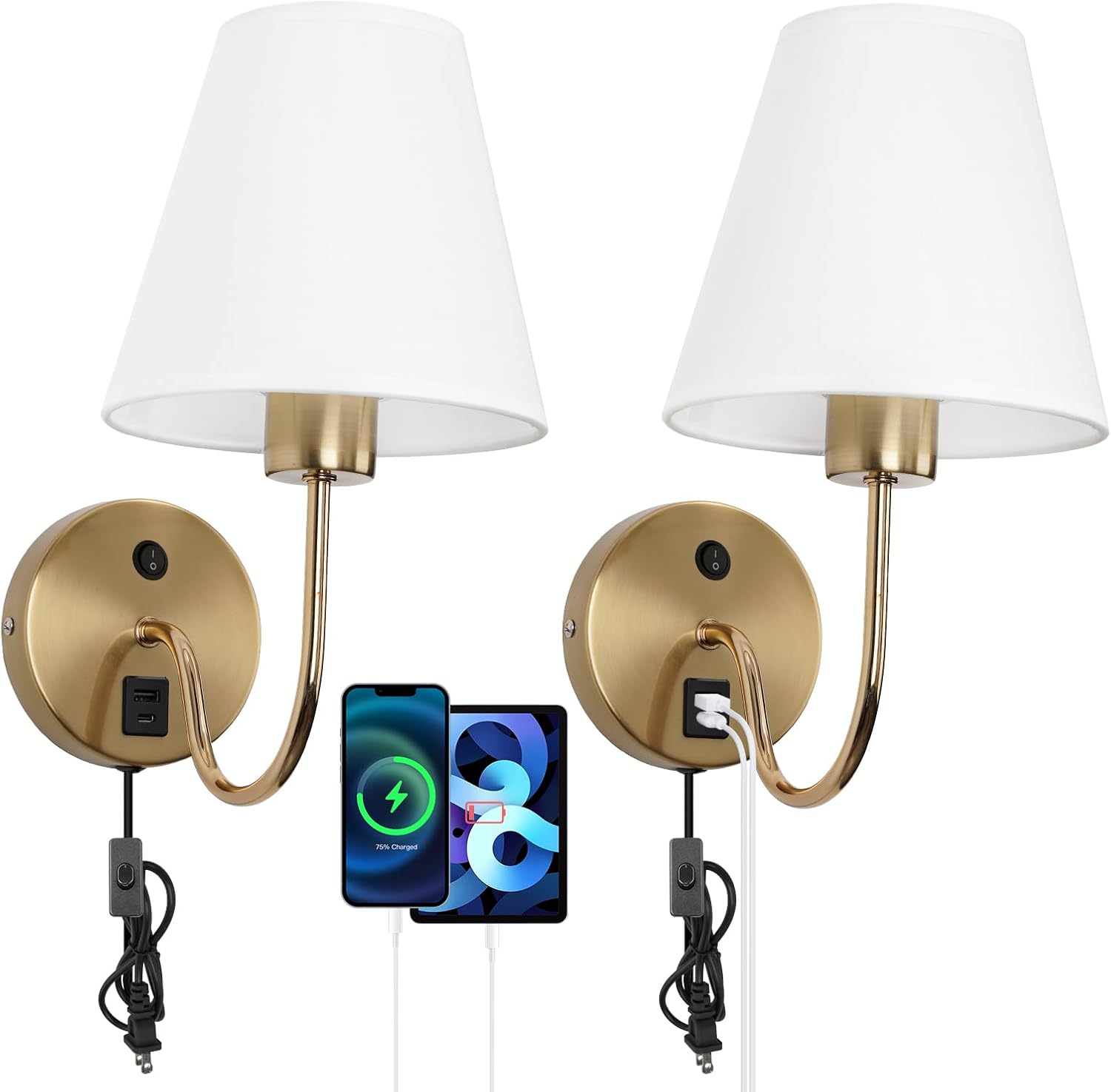 Frideko Plug in Wall Sconces Set of Two with USB A+C Charging Ports, USB Bedside Wall Lamp Set of 2, Modern Plug in Wall Light Fixtures, Gold Sconces Wall Lighting for Bedroom Living Room Office
