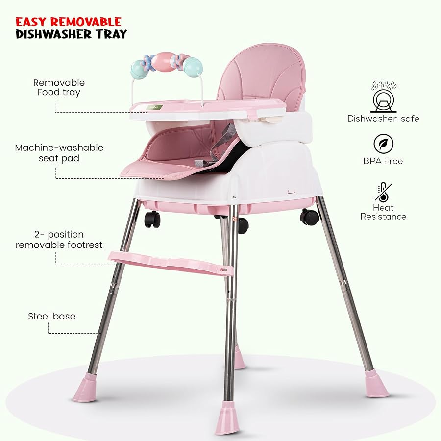 Baybee 4 In 1 Nora Convertible High Chair For Kids With Adjustable Height And Footrest, Baby Toddler Feeding Booster Seat With Tray, Wheels, Safety Belt And Cushion For 6 Months To 4 Years (Pink)