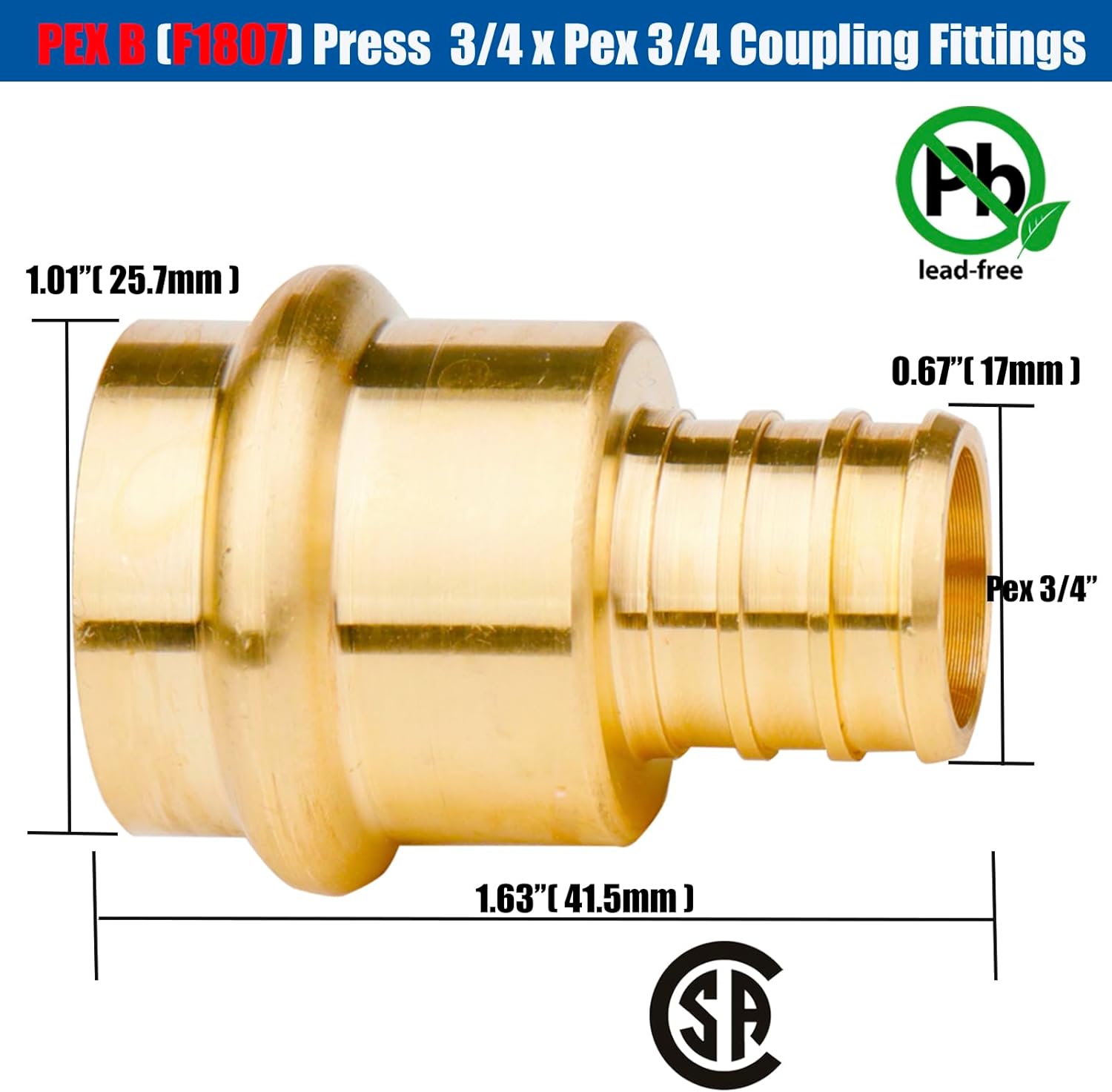 WHK 10 Pack Propress Fittings 3/4 Inch 3/4" Press Propress x 3/4" PEX Adapter Crimp Fittings Brass Coupling Connect from Cooper to Pex B Pipe（Lead-Free,copper to pex adapter 3/4)