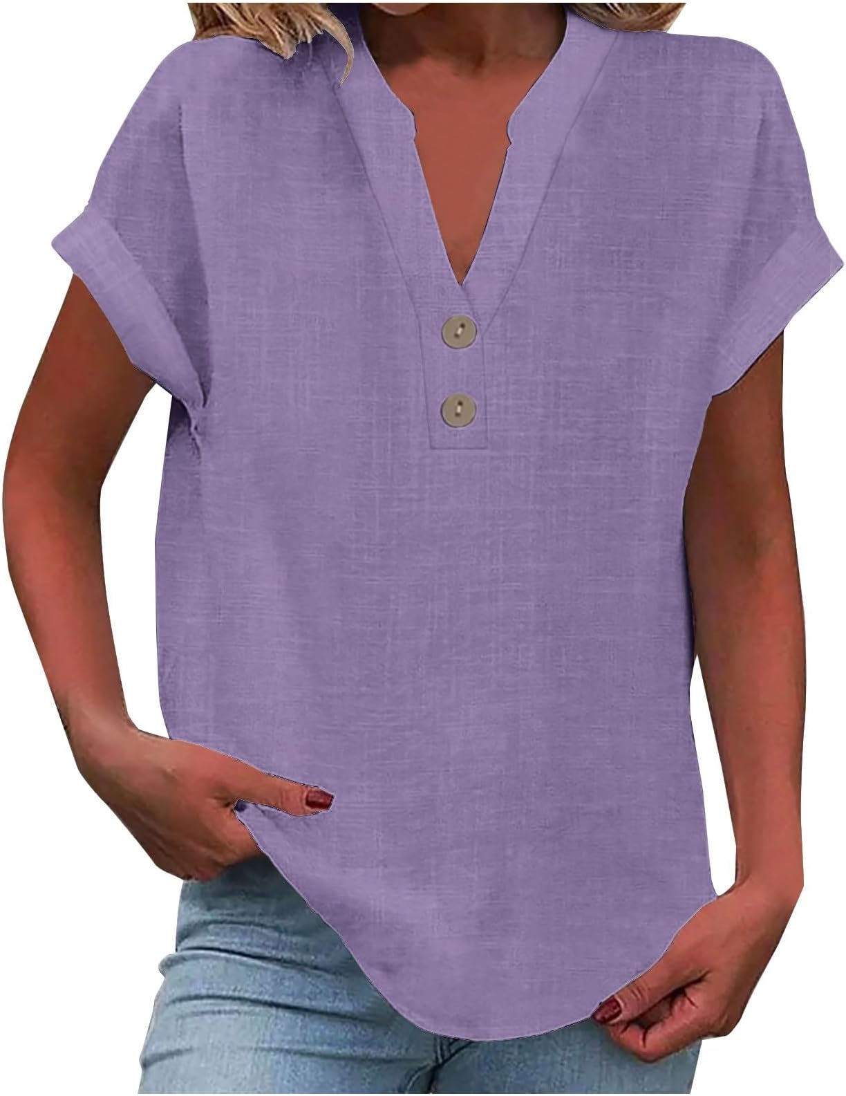 DroeadgorWomens Cotton Linen Shirts Summer Casual Loose Fit Comfy Business Blouses V Neck Button Down Short Sleeve Tops
