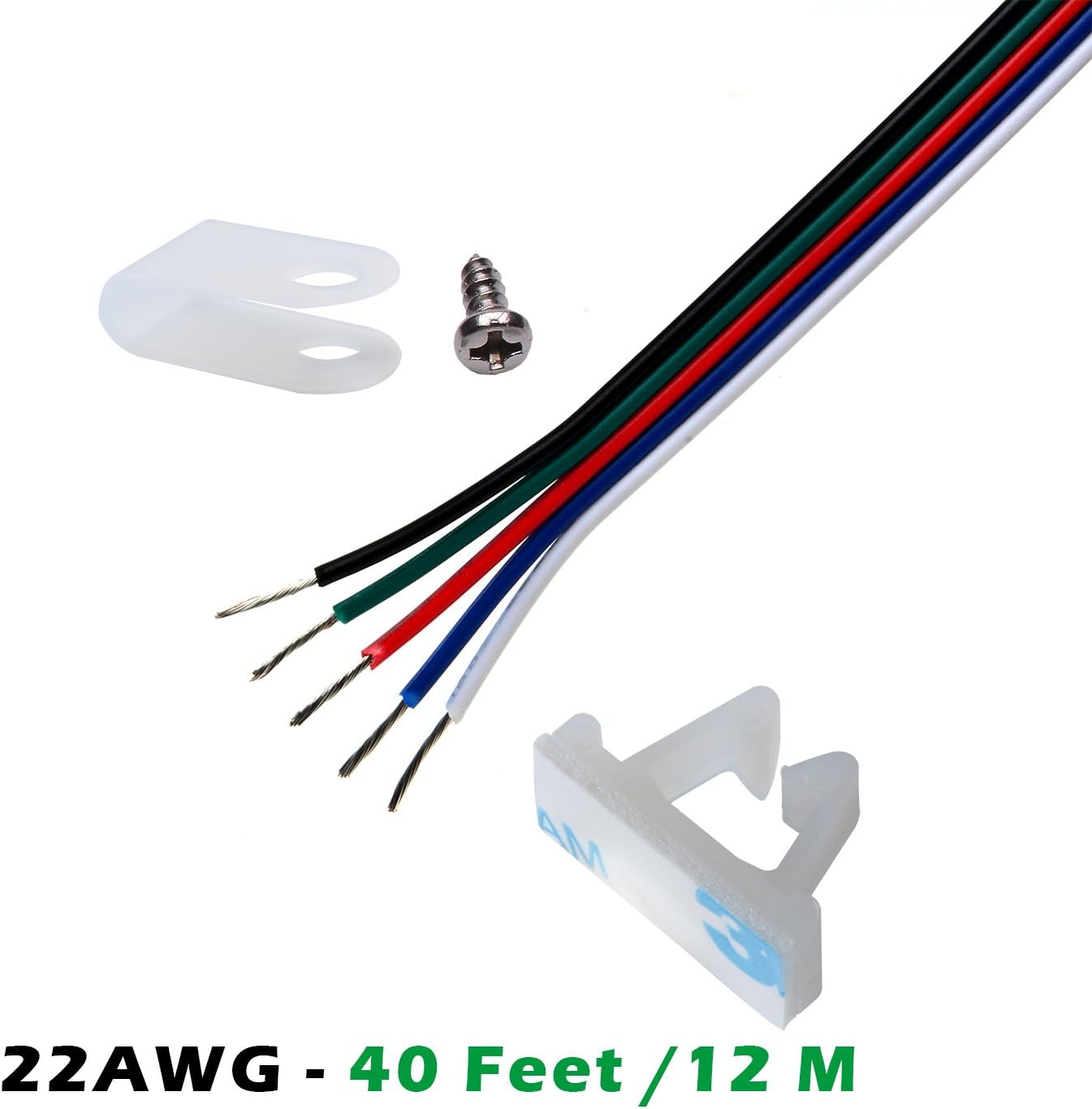 Nicelux RGBW LED Wire 22 AWG (0.34 mm2) with Mounting Clip and Screw, Ideal for RGBW Strip Light Wiring, 40ft / 12 Meter, Reel Packing