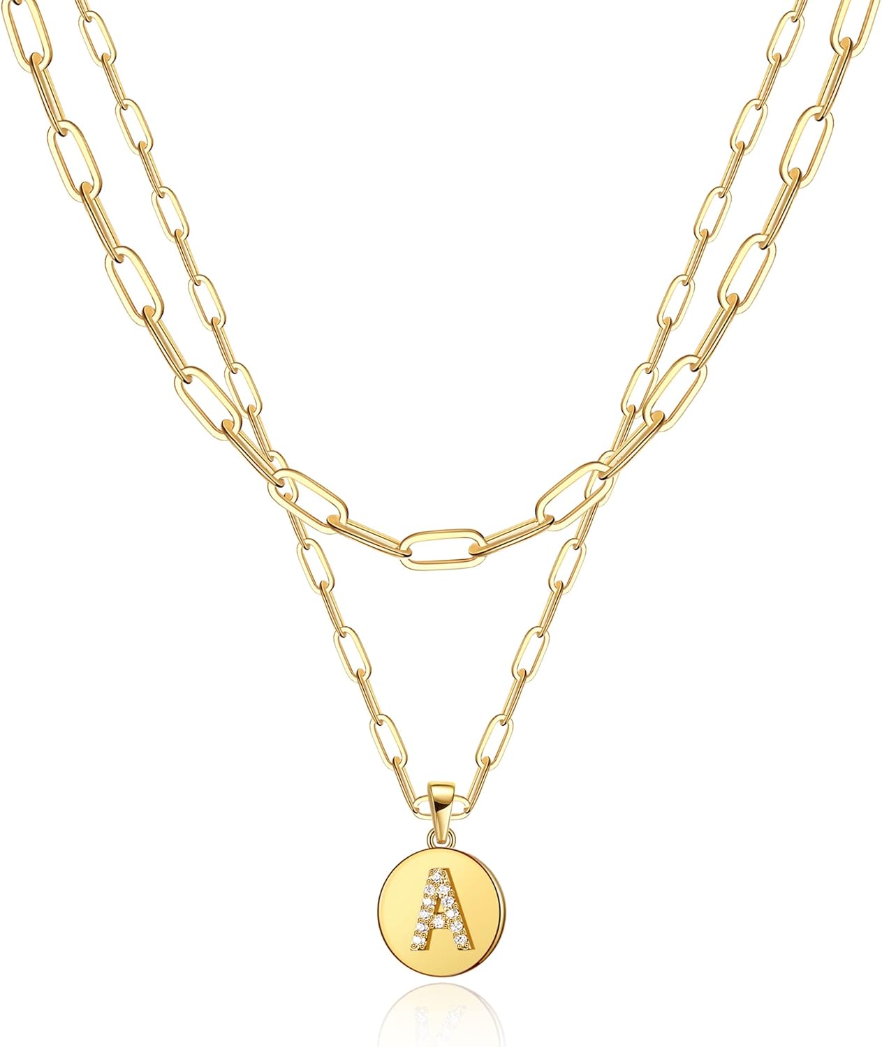 ゴールドレイヤードディスクネックレス 18Kゴールドメッキ 華奢なキュービックジルコニア イニシャル A コインペンダントネックレス