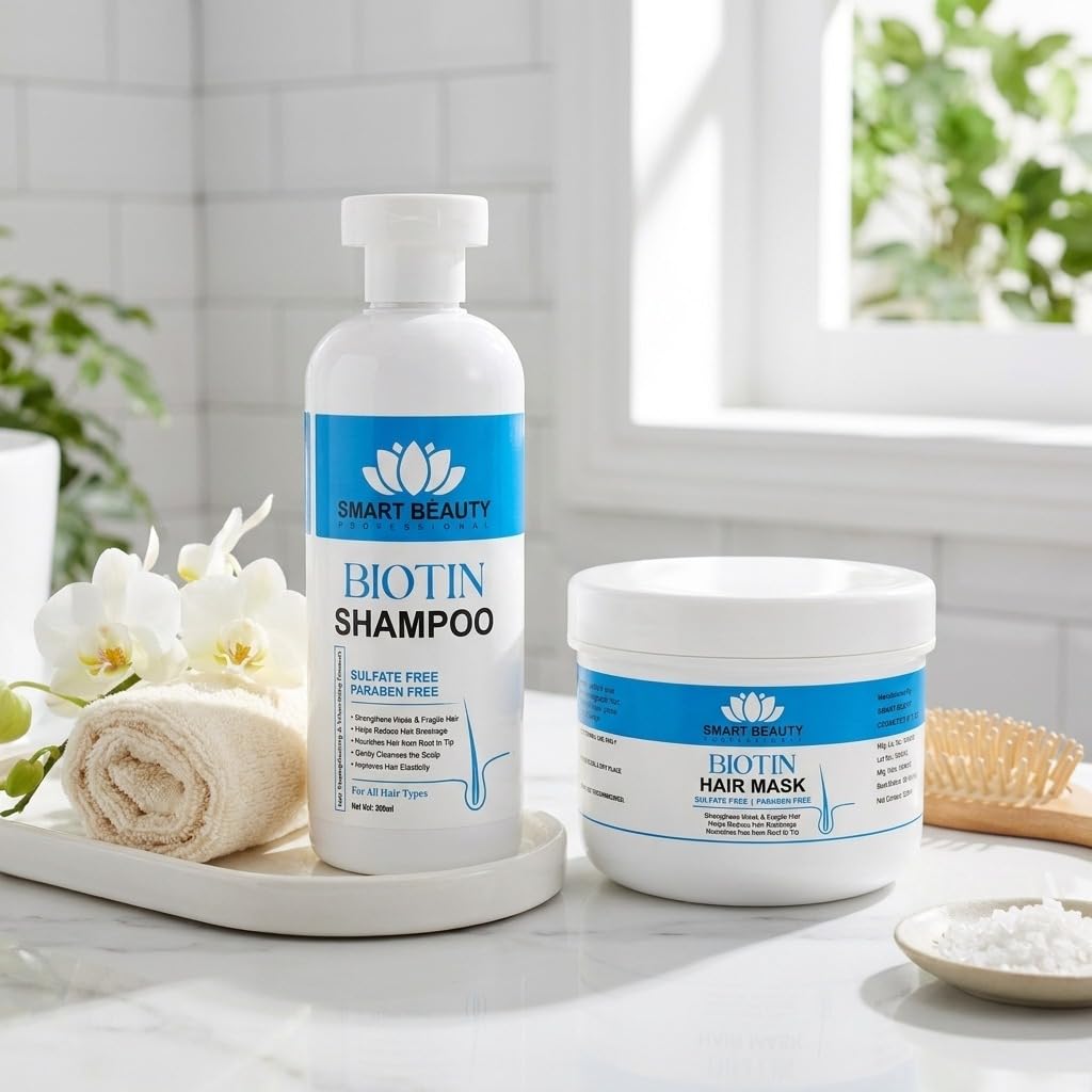 SB Biotin Shampoo and Hair Mask Set | Strengthening and Moisturising Hair Care Combo for Dry Frizzy and Damaged Hair | Gentle Scalp Cleansing and Deep Conditioning | All Hair Types (Pack Of 2)-image-1