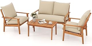 Tangkula 4 Pieces Patio Furniture Set, Outdoor Acacia Wood Conversation ...