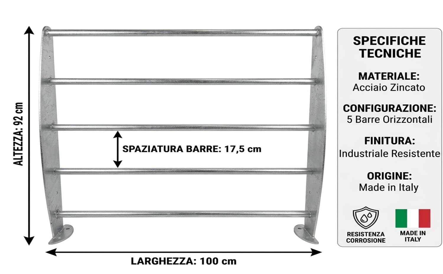 Fratelli Biasco Ringhiera Esterna Zincata, Recinzione Modulare a 5 Barre, Corrimano per Veranda e Giardino, Fissaggio a Pavimento, Modulo da 90X100 CM