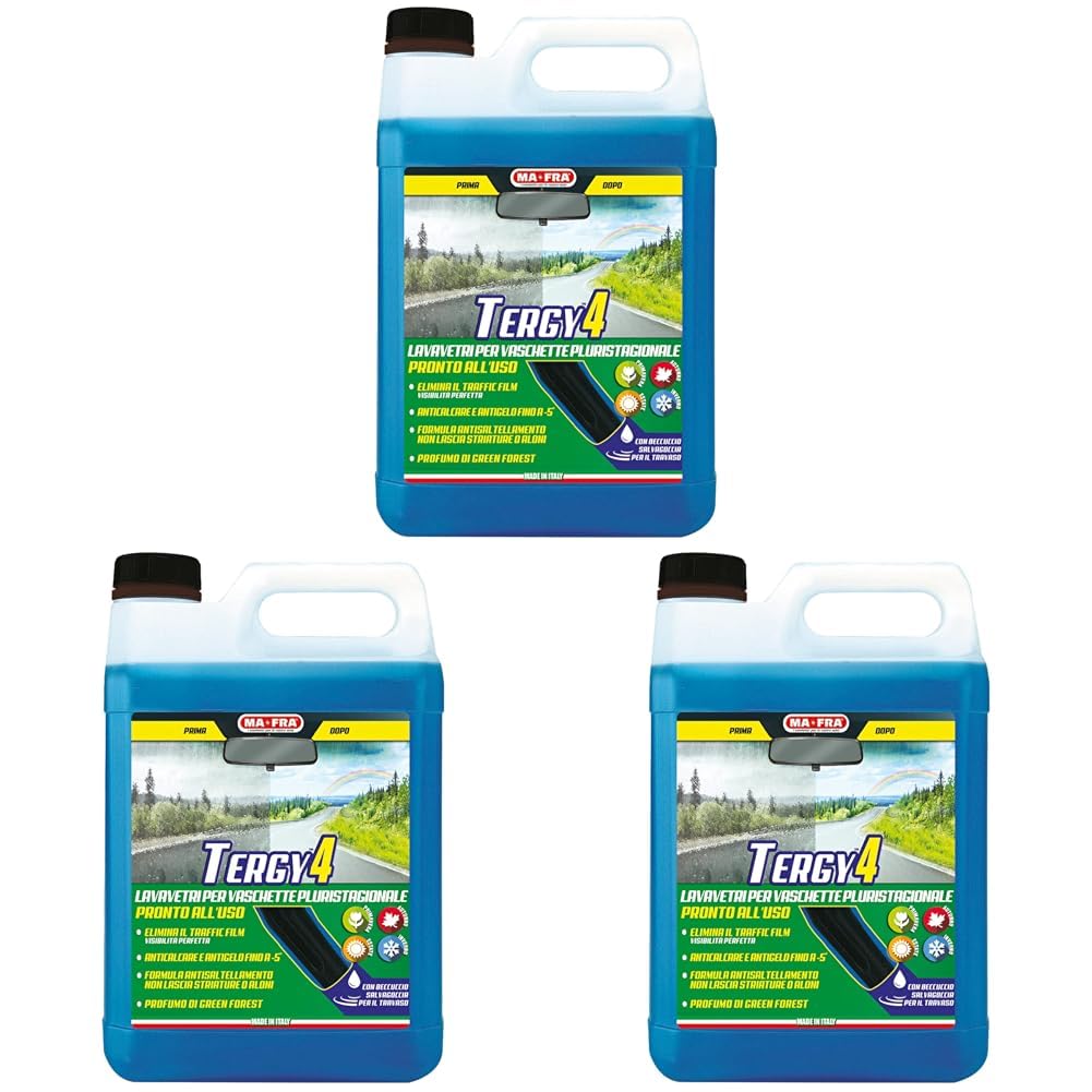 Ma-Fra Tergy 4, Gebrauchsfertige Mehrjahres-Autoscheibenwaschflüssigkeit für Scheibenwaschanlagen, Anti-Kalk-Frostschutz-Autoscheibenreiniger bis -5°C, entfernt den Verkehrsfilm, 4,5L Format