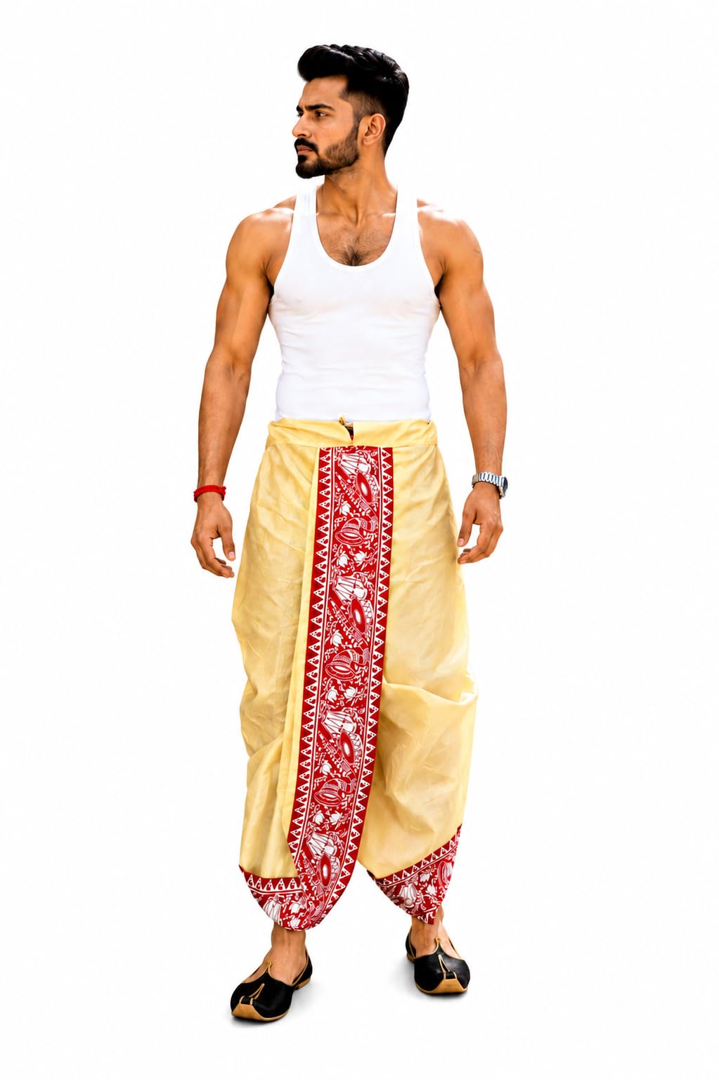 Men's Traditional Dupion Silk Dhoti Pant with Printed Border Comfortable Ethnic Wear for Festivals Puja Weddings Cultural Functions Daily Traditional Attire(Free Size)-picture-35
