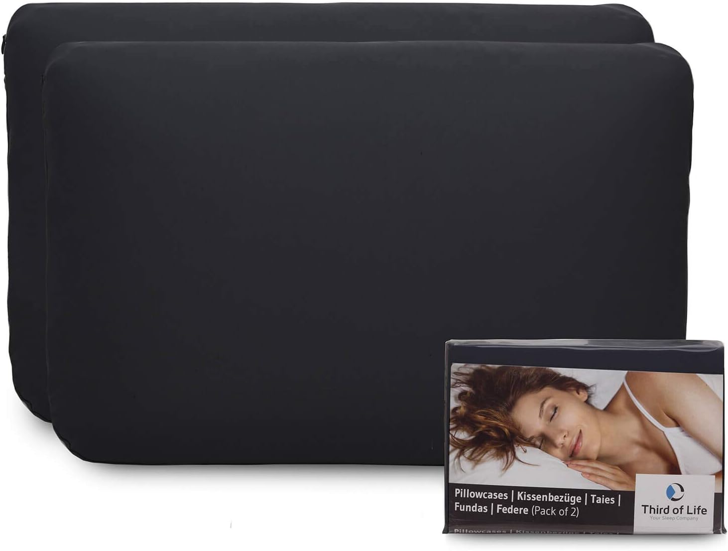 Third of Life pillow case double pack (2pcs, black uni) for 40x60 cushions, in particular IZAR, NEKKAR - cotton, double jersey, good fit, non-iron, 3 years guarantee, pillowcase with zipper