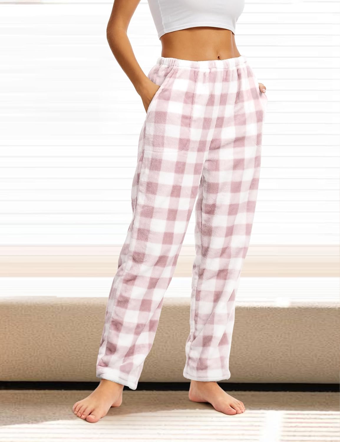 Wyeysyt 2 Pack Womens Plaid Fluffy Pajama Pants Fuzzy Fleece Lounge Pants Elastic Waist Wide Leg Pants with Pocket Pj Bottoms - Image 5