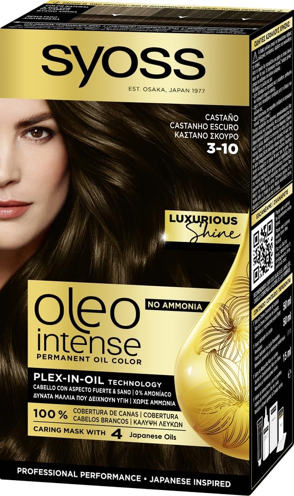 Syoss Oleo Intense - Tono 3-10 Castaño – Coloración permanente sin amoníaco – Resultados de peluquería – Cobertura profesional de canas