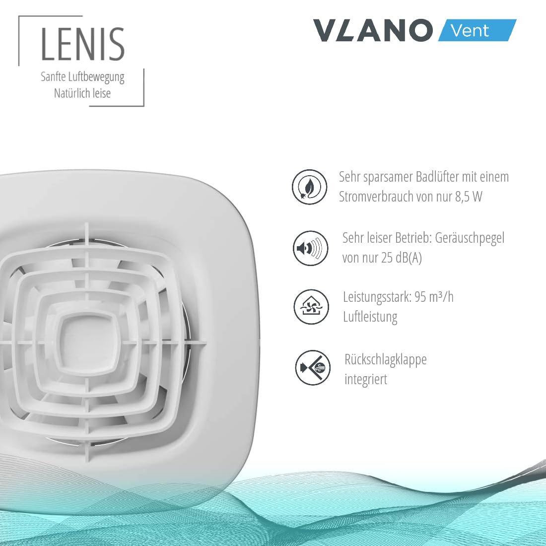 Vlano Abluftlüfter LENIS 100 Standard mit kurzem Flansch, Rückschlagventil, 100 mm, weiß, IP 45, 95 m³/h, Wandlüfter, Deckenventilator, kugelgelagert, sparsam 8,5 W