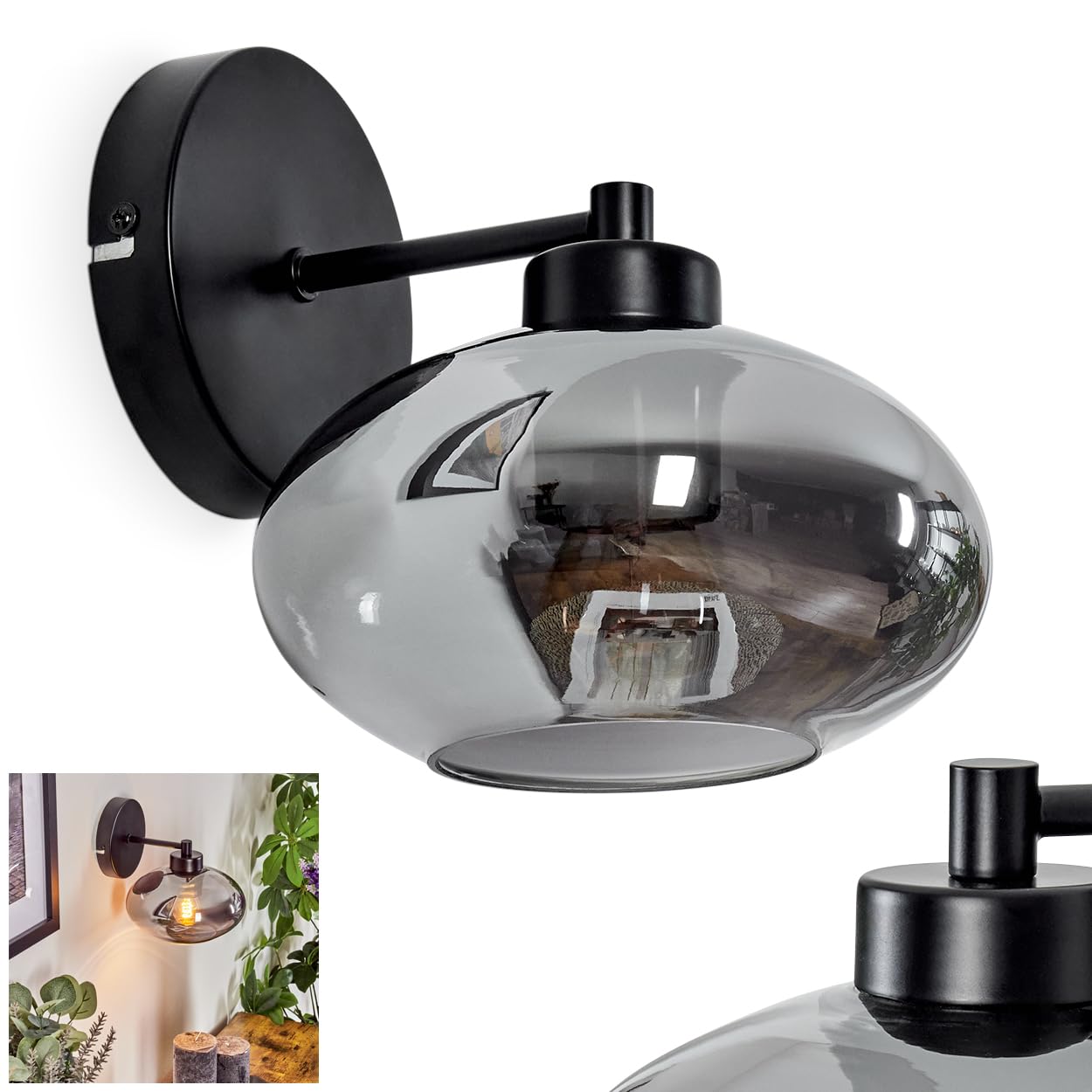 HOFSTEIN wall lamp Haikala, Modern wall lamp Made of Metal/Glass in Black/Smoke Colour, Retro/Vintage Up luminaire with Smoked Glass Shade (Ø 18.5 cm), 1 Light, 1 x E27, Without Bulb