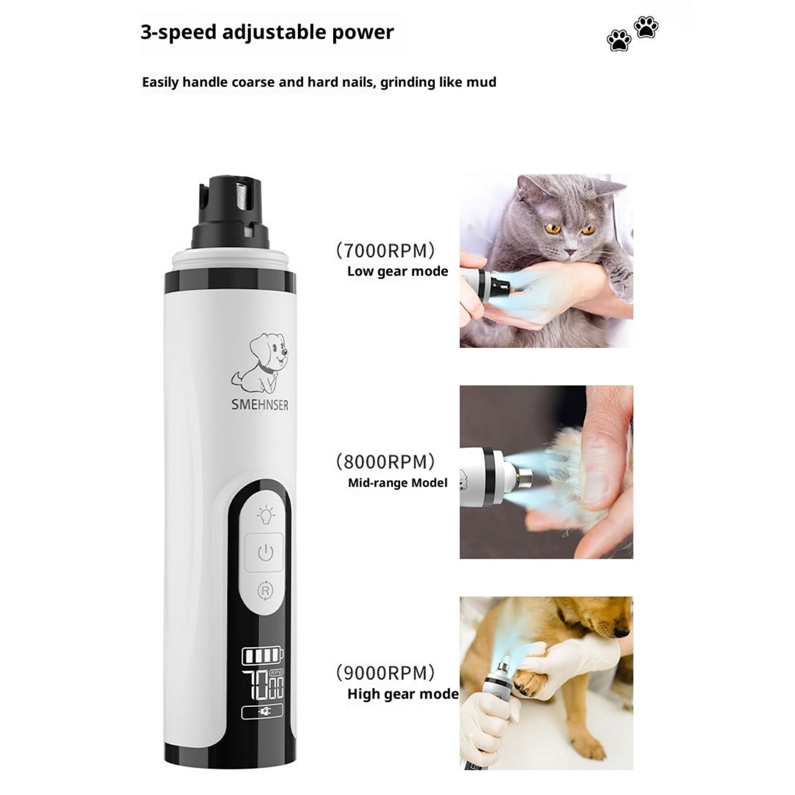Broyeur à Ongles électrique pour Animaux de Compagnie avec LED 3 Modes Coupe-Ongles pour Chien Coupe-Ongles de toilettage