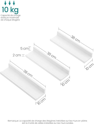 SONGMICS Wall Shelf 3 Set Floating Shelves Ledge for Picture Frames and Books, 38 x 10 cm, MDF White LWS38WT - 6
